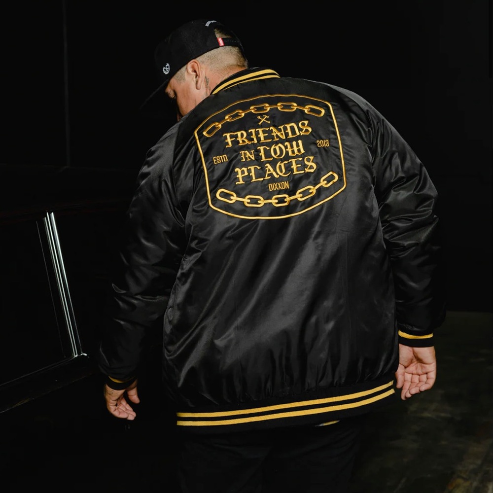 ***NWT DIXXON FRIENDS IN LOW PLACES NYLON VARSITY JACKET - BLACK & YELLOW